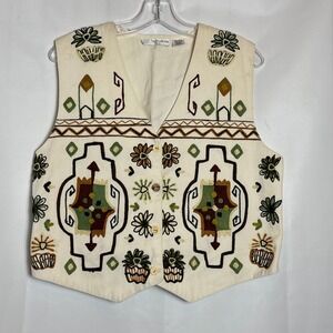 Vintage Embroidered Cotton Vest Cream Floral Southwestern Tribal Womens L Boho